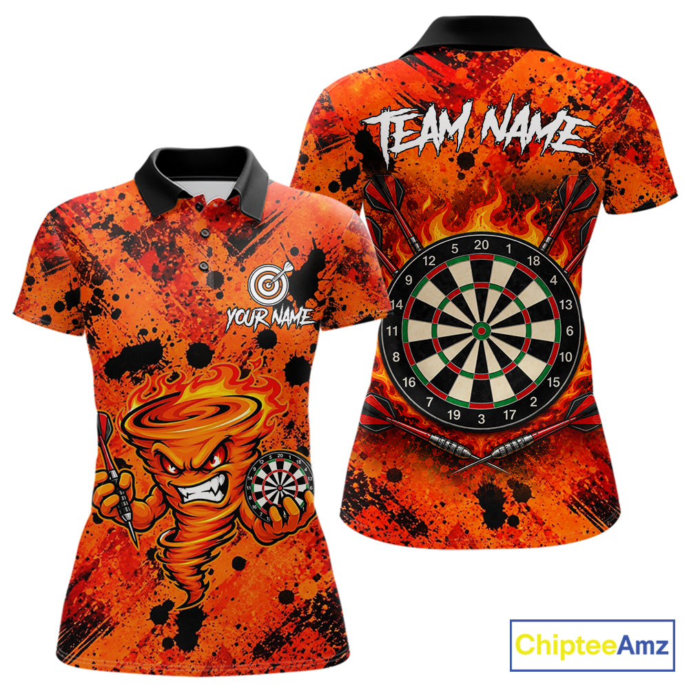 Women's fire flame tornado dart polo shirt mockup orange splatter dart jersey