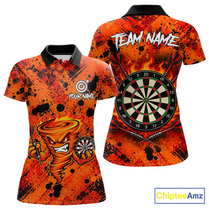 Women's fire flame tornado dart polo shirt mockup orange splatter dart jersey