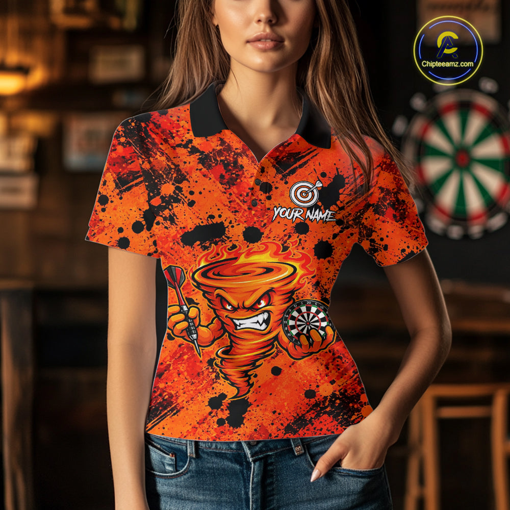Woman wearing fire flame tornado orange dart shirt custom apparel
