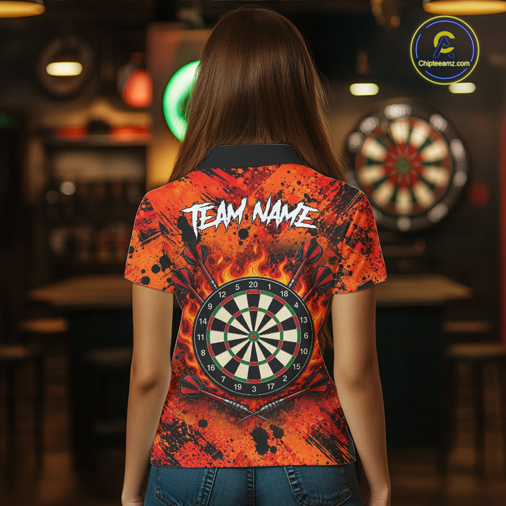 Woman wearing fire flame tornado orange dart shirt custom apparel
