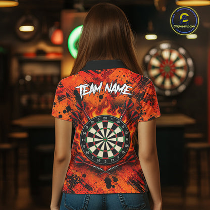 Woman wearing fire flame tornado orange dart shirt custom apparel