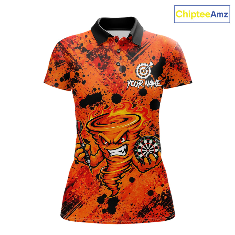 Women's fire flame tornado dart polo shirt mockup orange splatter dart jersey