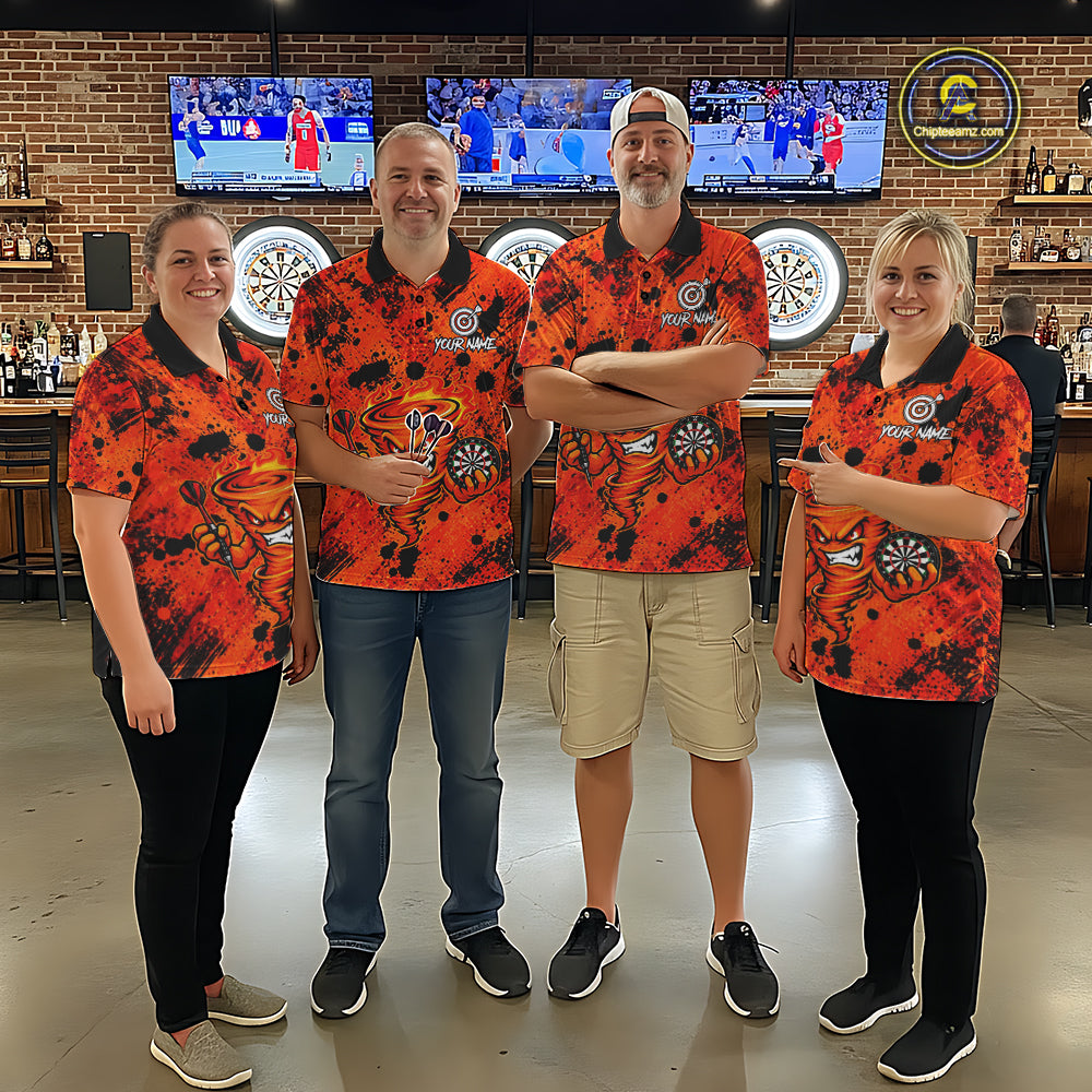 Men's dart team wearing orange fire tornado dart jerseys tournament uniforms