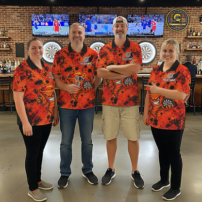 Men's dart team wearing orange fire tornado dart jerseys tournament uniforms