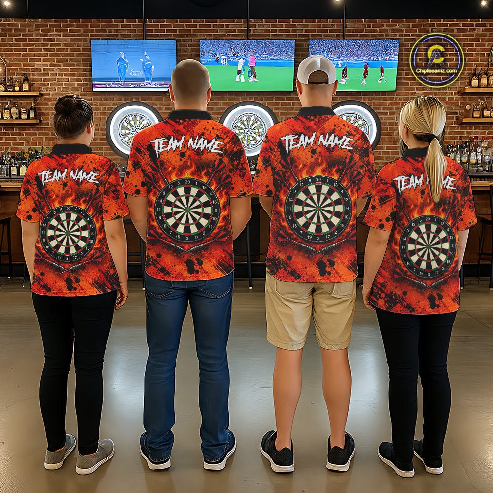 Men's dart team wearing orange fire tornado dart jerseys tournament uniforms