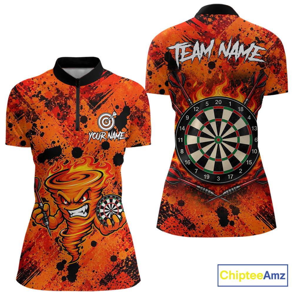 Women's fire flame tornado dart quarter zip shirt mockup orange dart uniform