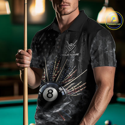 US Flag Grey Smoke Skull Bone 8 Ball Men Billiards Shirt Personalized Pool Balls Billiard Team Names NYN2688