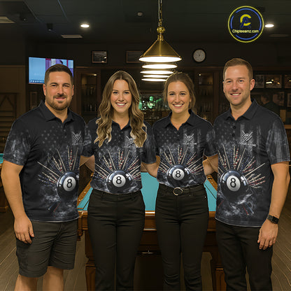 US Flag Grey Smoke Skull Bone 8 Ball Men Billiards Shirt Personalized Pool Balls Billiard Team Names NYN2688