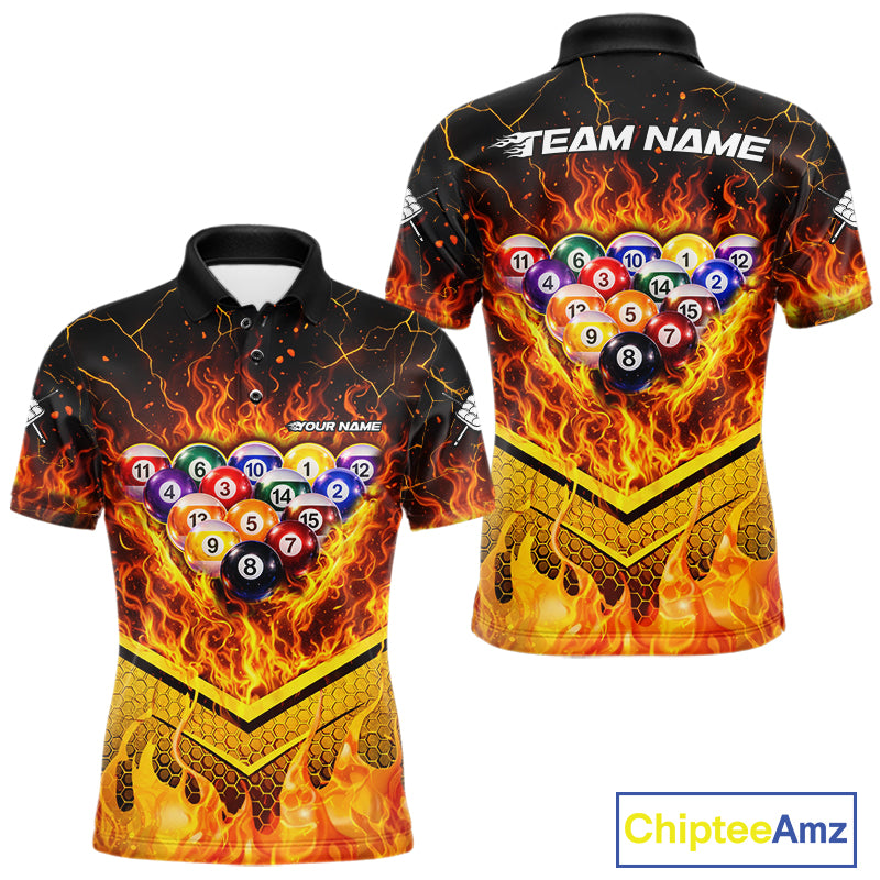 Yellow Flames Hexagon Pool Ball Set Billiards Shirt For Men Personalized Pool Balls 8 Billiard Attire NYN2690