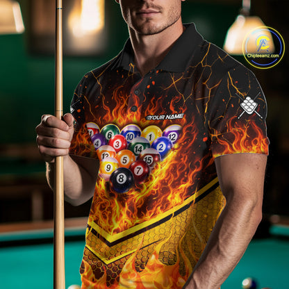 Yellow Flames Hexagon Pool Ball Set Billiards Shirt For Men Personalized Pool Balls 8 Billiard Attire NYN2690