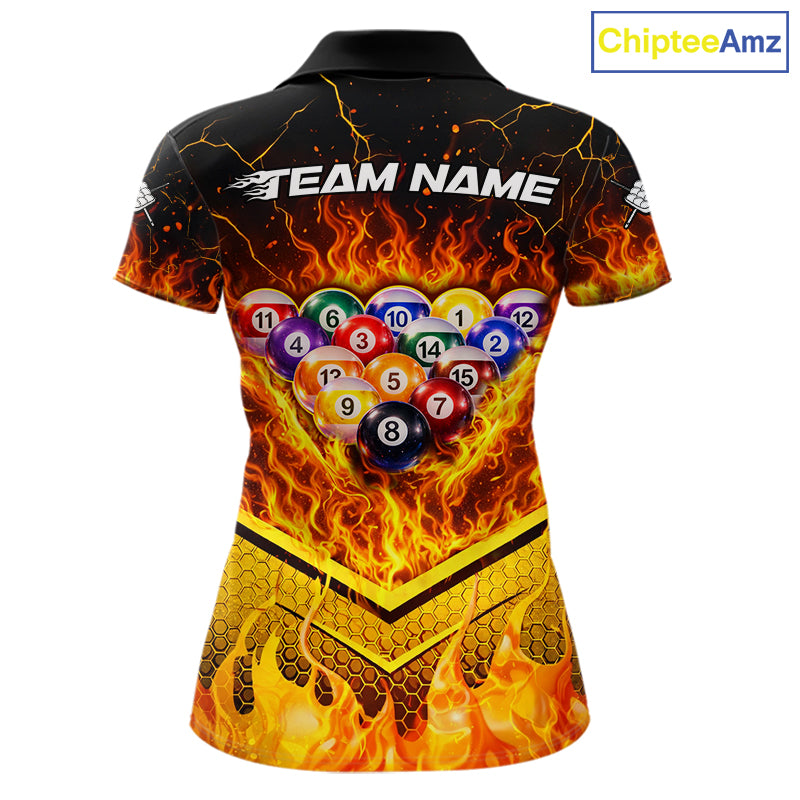 Yellow Flames Hexagon Pool Ball Set Billiards Shirt For Women Personalized Pool Balls 8 Billiard Attire NYN2690