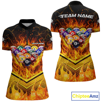 Yellow Flames Hexagon Pool Ball Set Billiards Shirt For Women Personalized Pool Balls 8 Billiard Attire NYN2690