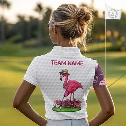 Funny Flamingo Womens Golf Polo Shirt Custom Pink And Purple Monstera Pattern White Golf Shirts NYN2841