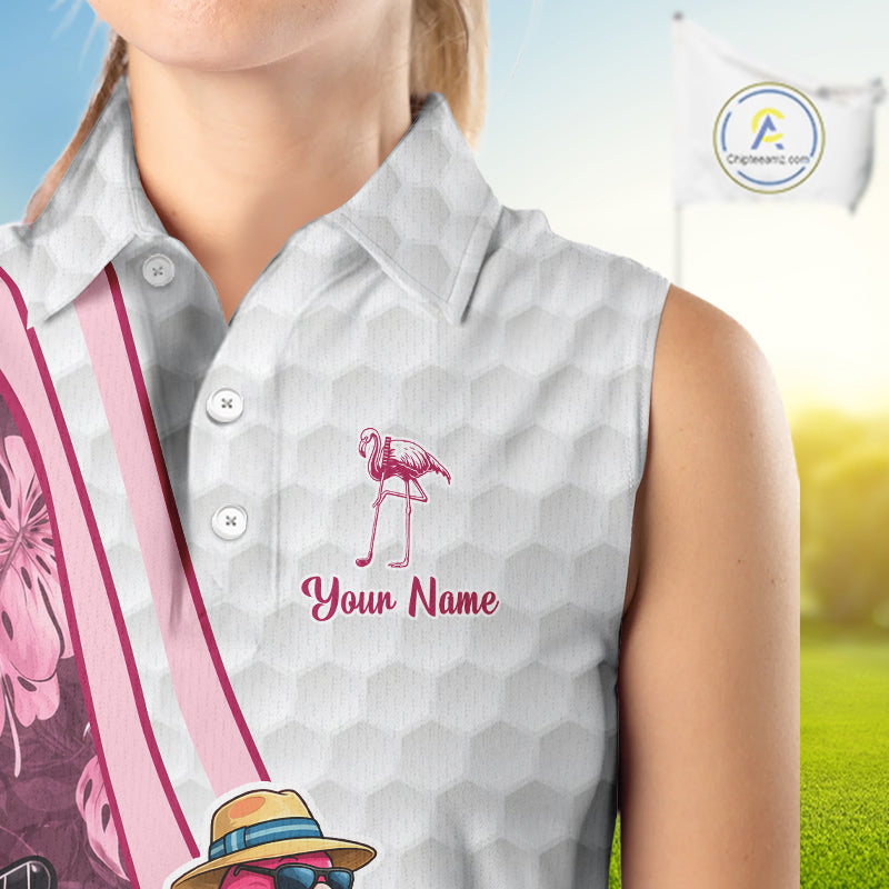 Funny Flamingo Womens Golf Sleeveless Polo Shirt Custom Pink And Purple Monstera Pattern White Golf Shirts NYN2841