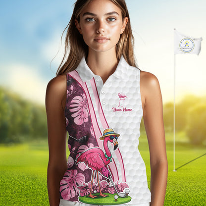 Funny Flamingo Womens Golf Sleeveless Polo Shirt Custom Pink And Purple Monstera Pattern White Golf Shirts NYN2841