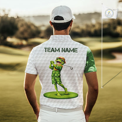 Funny Frog Golf Polo Shirt Custom Green Monstera Pattern White Golf Attire For Men NYN2842
