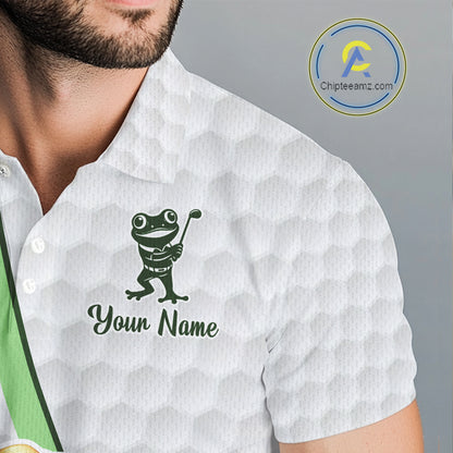 Funny Frog Golf Polo Shirt Custom Green Monstera Pattern White Golf Attire For Men NYN2842
