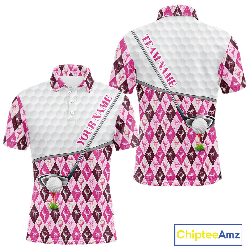Mens Golf Polo Shirts Custom Pink Argyle And Flamingo Plaid Pattern Golf Attire For Men NYN2843