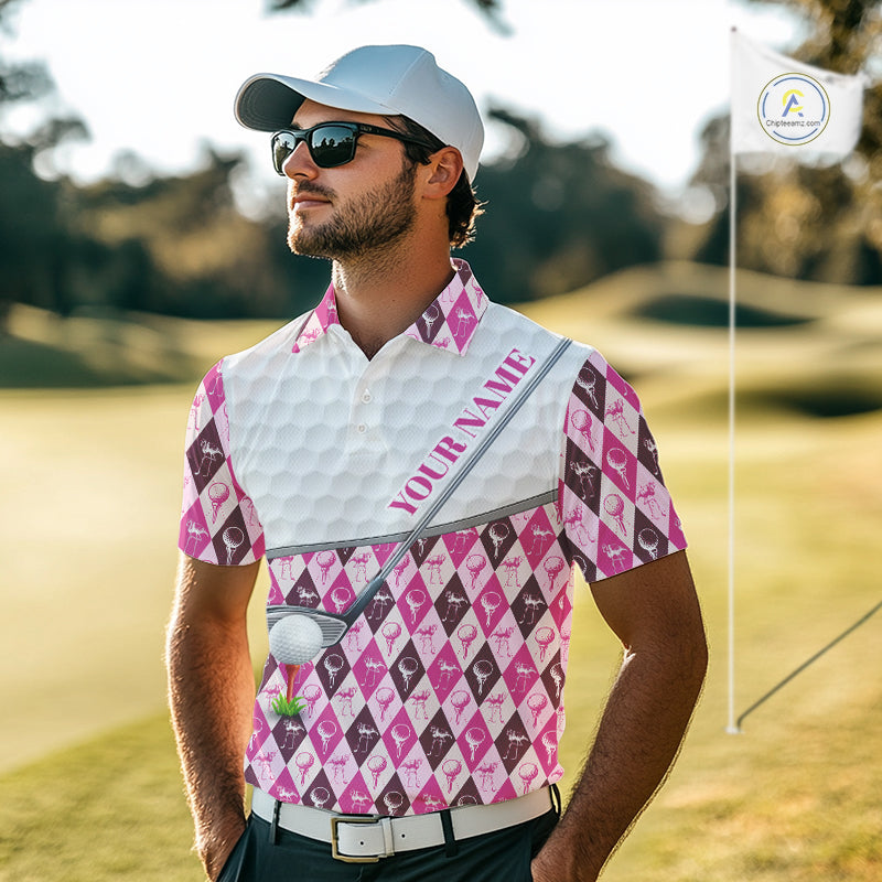 Mens Golf Polo Shirts Custom Pink Argyle And Flamingo Plaid Pattern Golf Attire For Men NYN2843