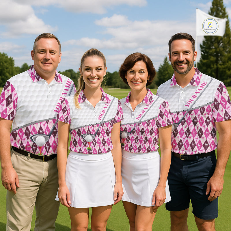 Mens Golf Polo Shirts Custom Pink Argyle And Flamingo Plaid Pattern Golf Attire For Men NYN2843