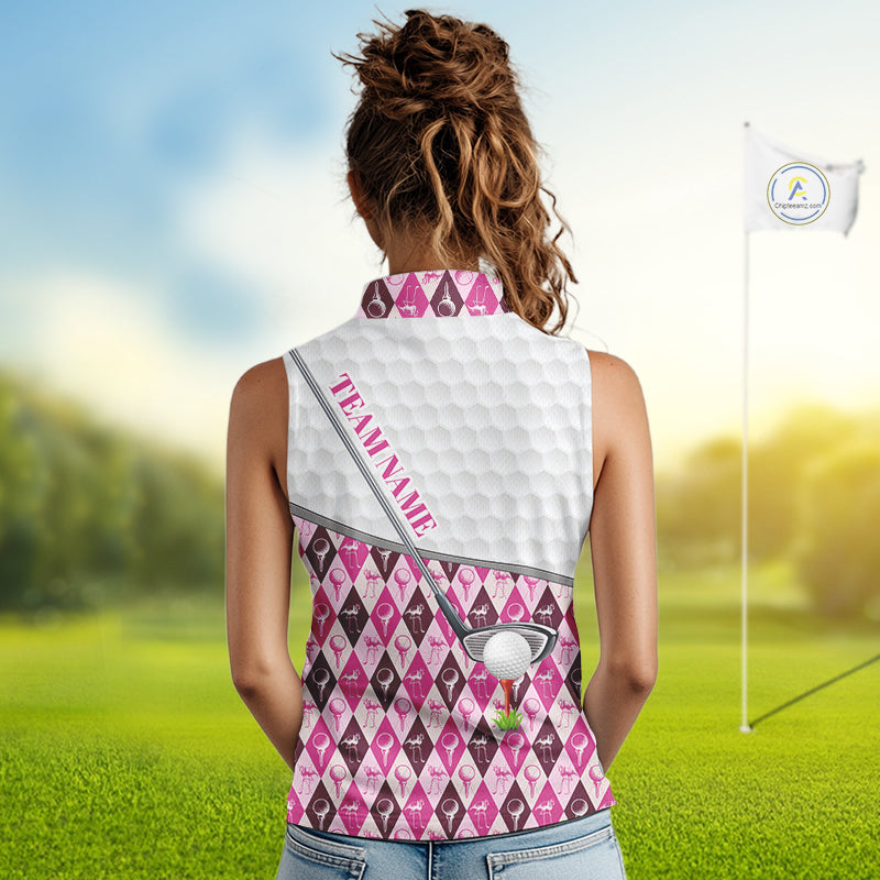 Mens Golf Sleeveless Polo Shirts Custom Pink Argyle And Flamingo Plaid Pattern Golf Attire For Women NYN2843