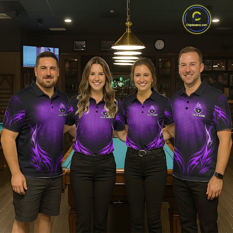 Custom Purple Flaming 8 Ball Billiard Shirts For Men Billiard League Billiard Team Shirts NYN2848