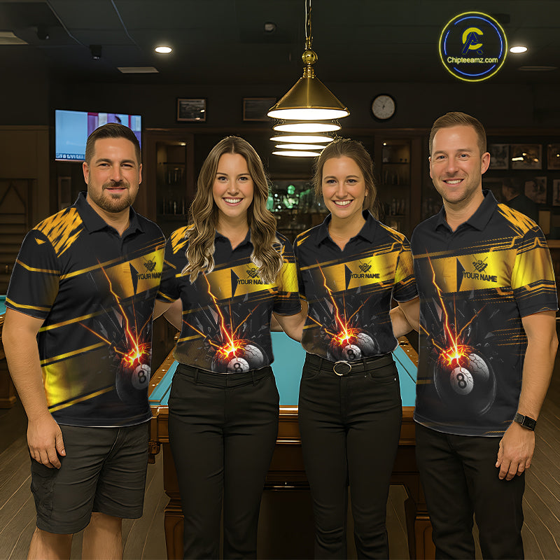 Thunder Cracked 8 Ball Billiard Shirt For Women Custom Black And Gold Billiard Pool Team Jersey NYN3224