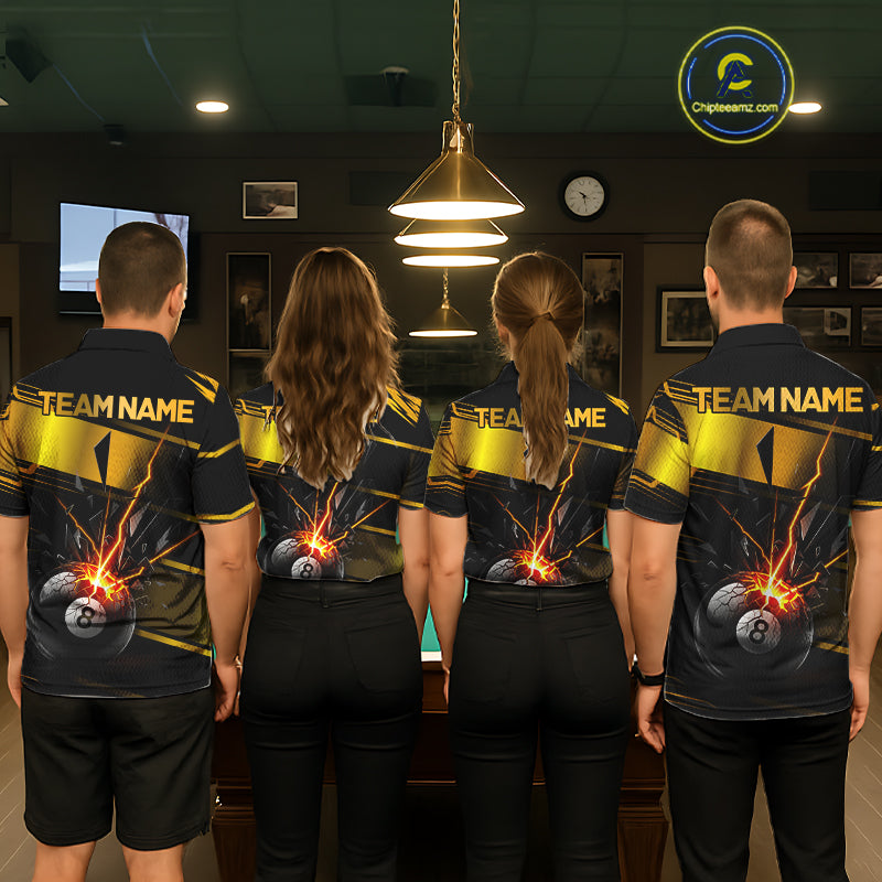 Thunder Cracked 8 Ball Billiard Shirt For Women Custom Black And Gold Billiard Pool Team Jersey NYN3224