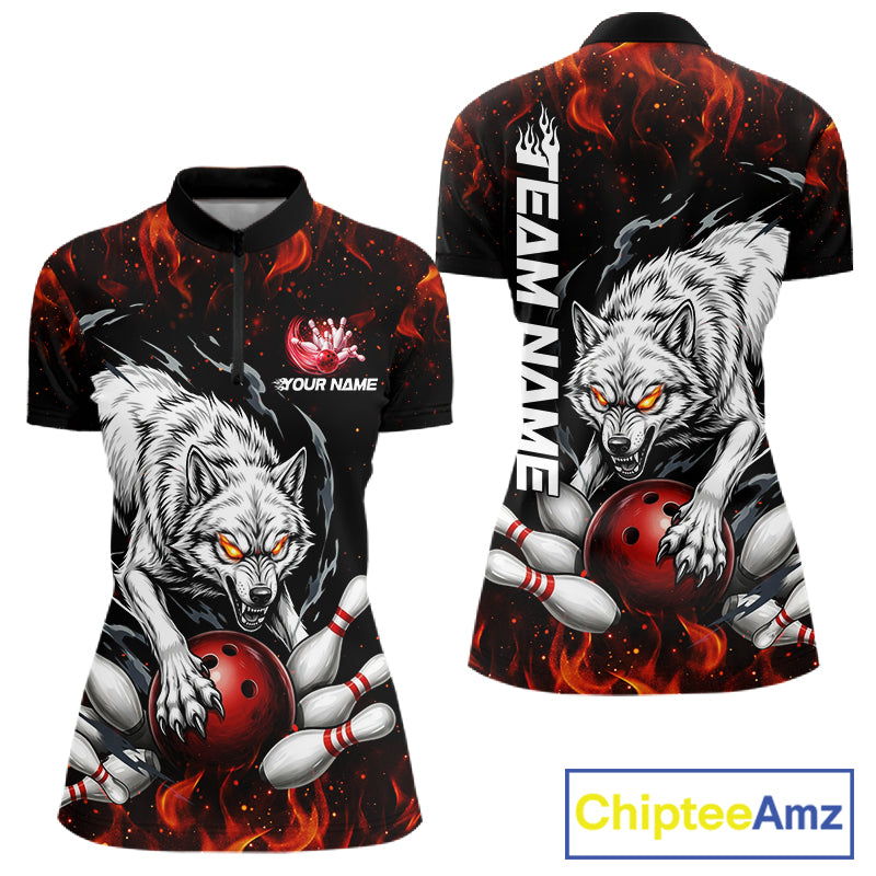 Fire Flame Funny Wolf Bowling Ball Jersey For Women Personalized Bowling Team Shirts | Red NYN3226