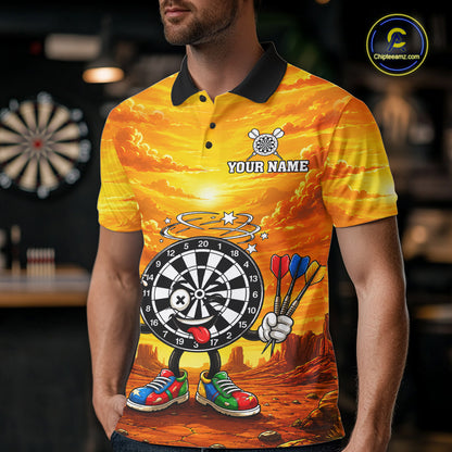 Male dart player wearing Beer and Dartboard Desert dart jersey at dart league tournament and team competition