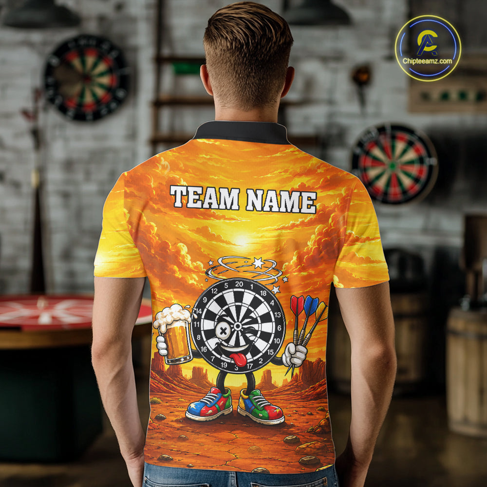 Male dart player wearing Beer and Dartboard Desert dart jersey at dart league tournament and team competition