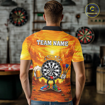 Male dart player wearing Beer and Dartboard Desert dart jersey at dart league tournament and team competition