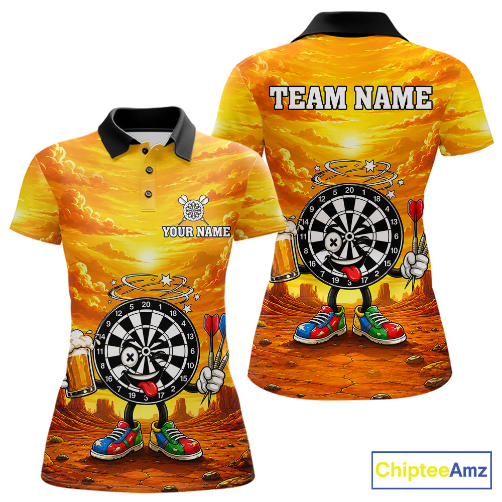 Beer and Dartboard Desert funny women's dart polo shirt custom dart team uniform, personalized dart jersey, dart league shirt, tournament apparel