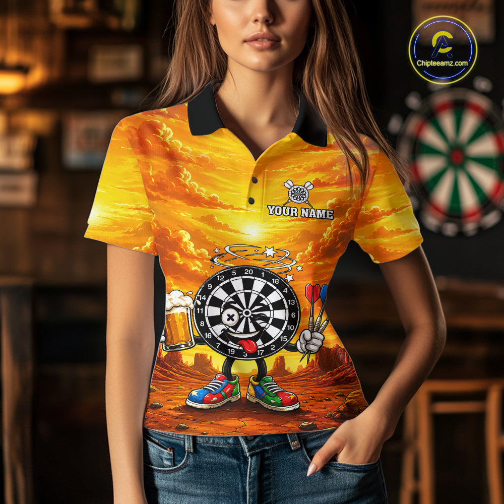 Female dart player wearing Beer and Dartboard Desert dart jersey at dart league tournament