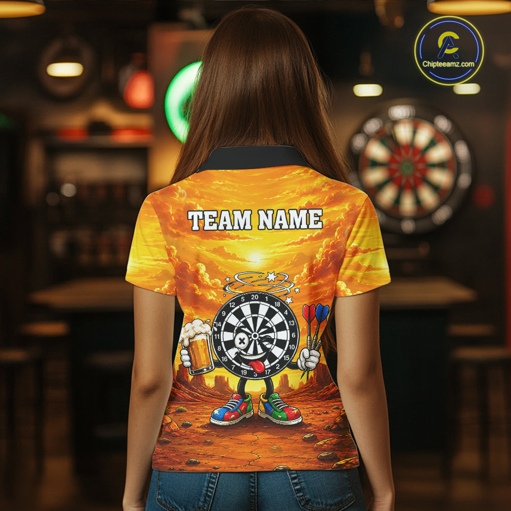 Female dart player wearing Beer and Dartboard Desert dart jersey at dart league tournament