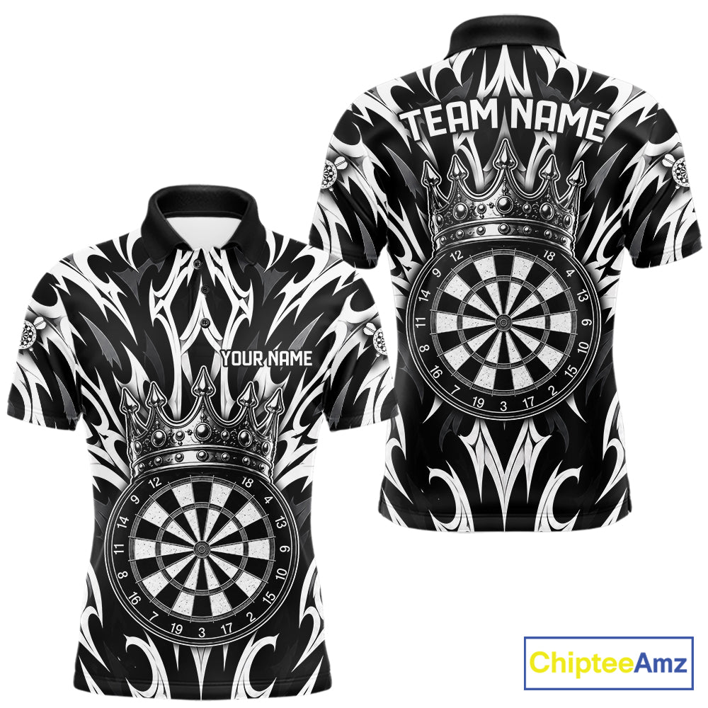 Black and White Tribal Crown Dartboard men's dart polo shirt personalized dart team uniform, dart league jersey, custom name dart shirt