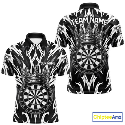 Black and White Tribal Crown Dartboard men's dart polo shirt personalized dart team uniform, dart league jersey, custom name dart shirt