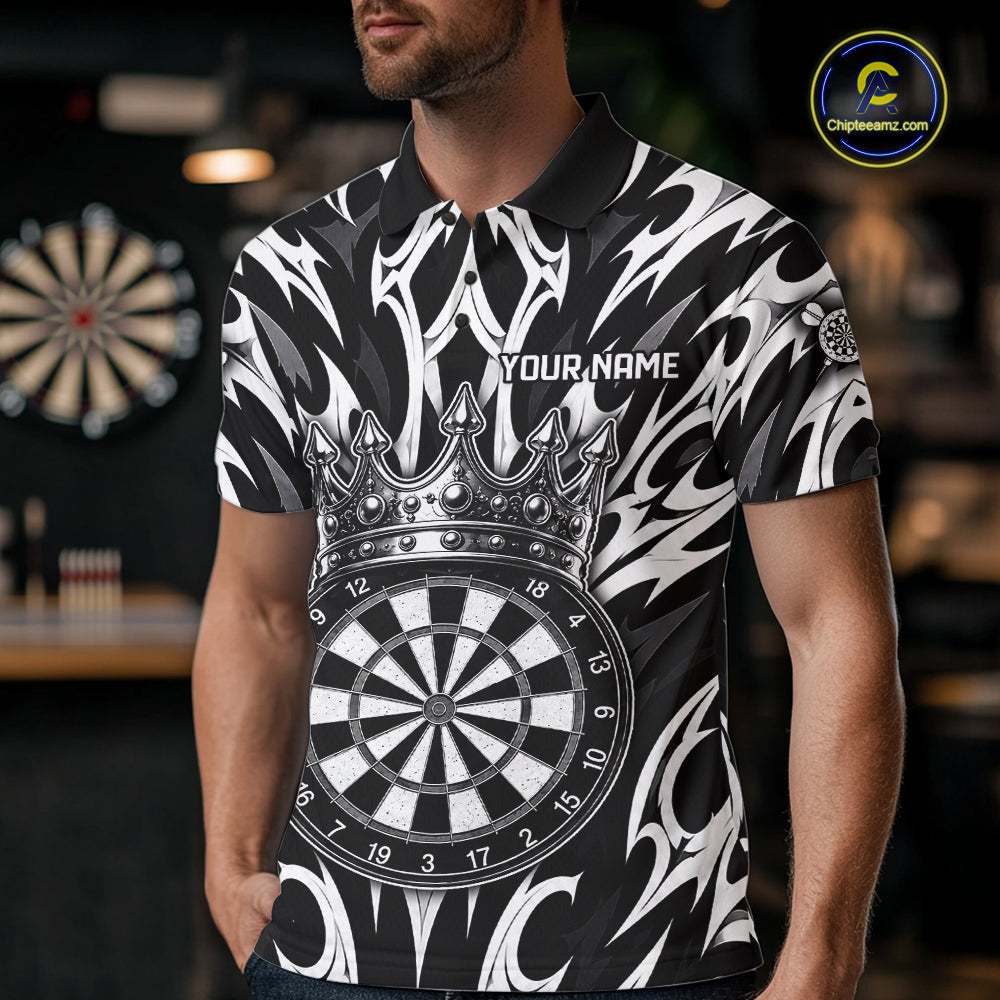 Male dart player wearing Tribal Crown Dartboard personalized dart jersey at professional dart league event