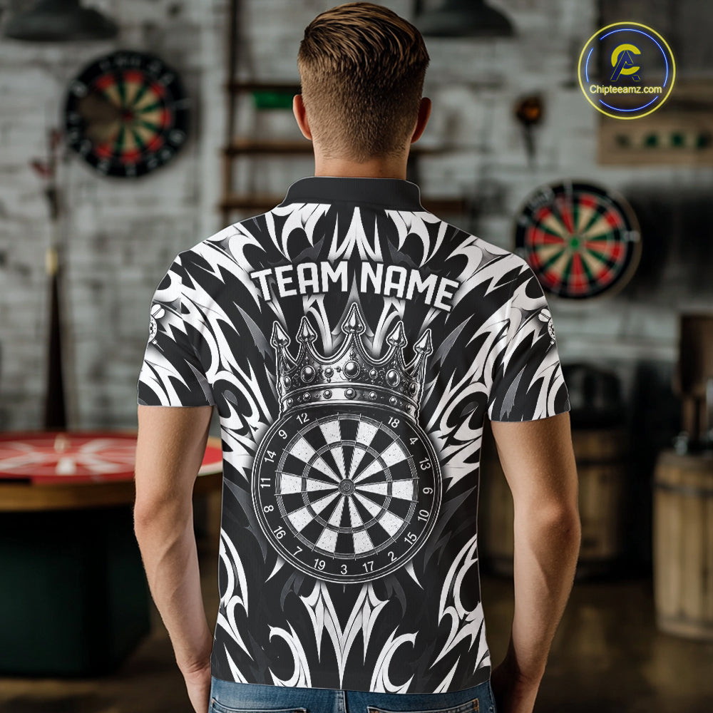 Male dart player wearing Tribal Crown Dartboard personalized dart jersey at professional dart league event