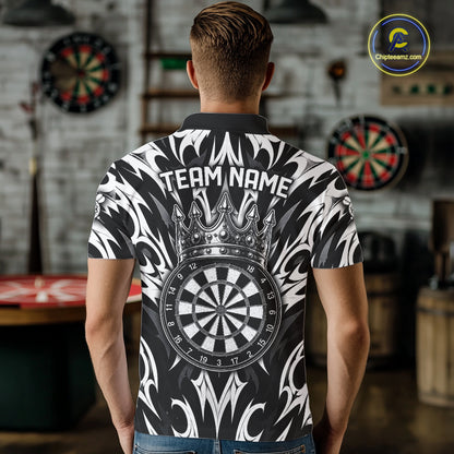 Male dart player wearing Tribal Crown Dartboard personalized dart jersey at professional dart league event