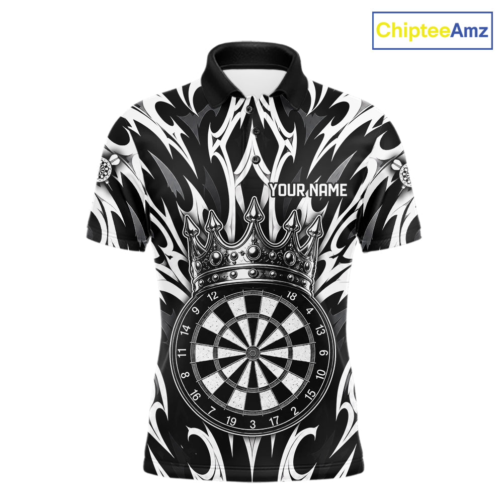 Black and White Tribal Crown Dartboard men's dart polo shirt personalized dart team uniform, dart league jersey, custom name dart shirt