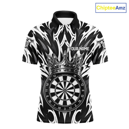 Black and White Tribal Crown Dartboard men's dart polo shirt personalized dart team uniform, dart league jersey, custom name dart shirt