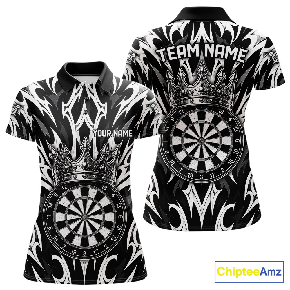 Black and White Tribal Crown Dartboard women's dart polo shirt personalized dart team uniform, dart league jersey, custom name dart shirt