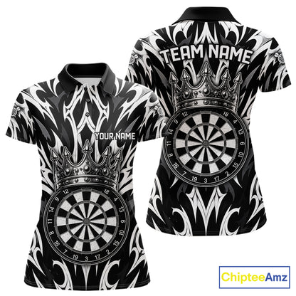Black and White Tribal Crown Dartboard women's dart polo shirt personalized dart team uniform, dart league jersey, custom name dart shirt