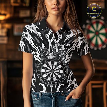 Female dart player wearing Tribal Crown Dartboard personalized dart jersey at league event