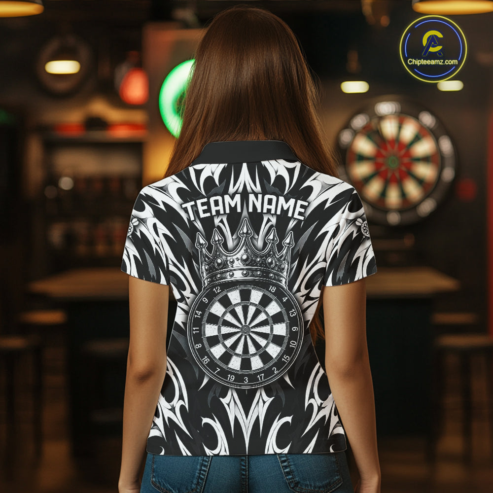 Female dart player wearing Tribal Crown Dartboard personalized dart jersey at league event