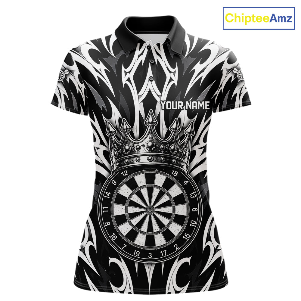 Black and White Tribal Crown Dartboard women's dart polo shirt personalized dart team uniform, dart league jersey, custom name dart shirt