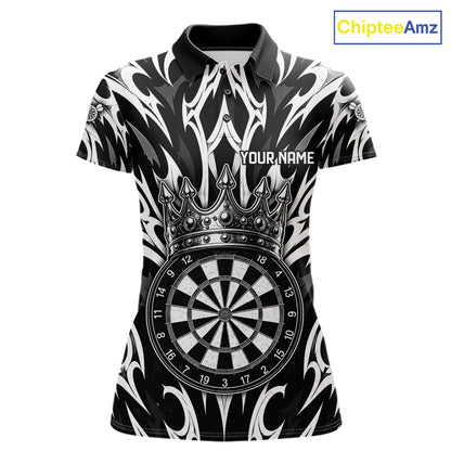 Black and White Tribal Crown Dartboard women's dart polo shirt personalized dart team uniform, dart league jersey, custom name dart shirt