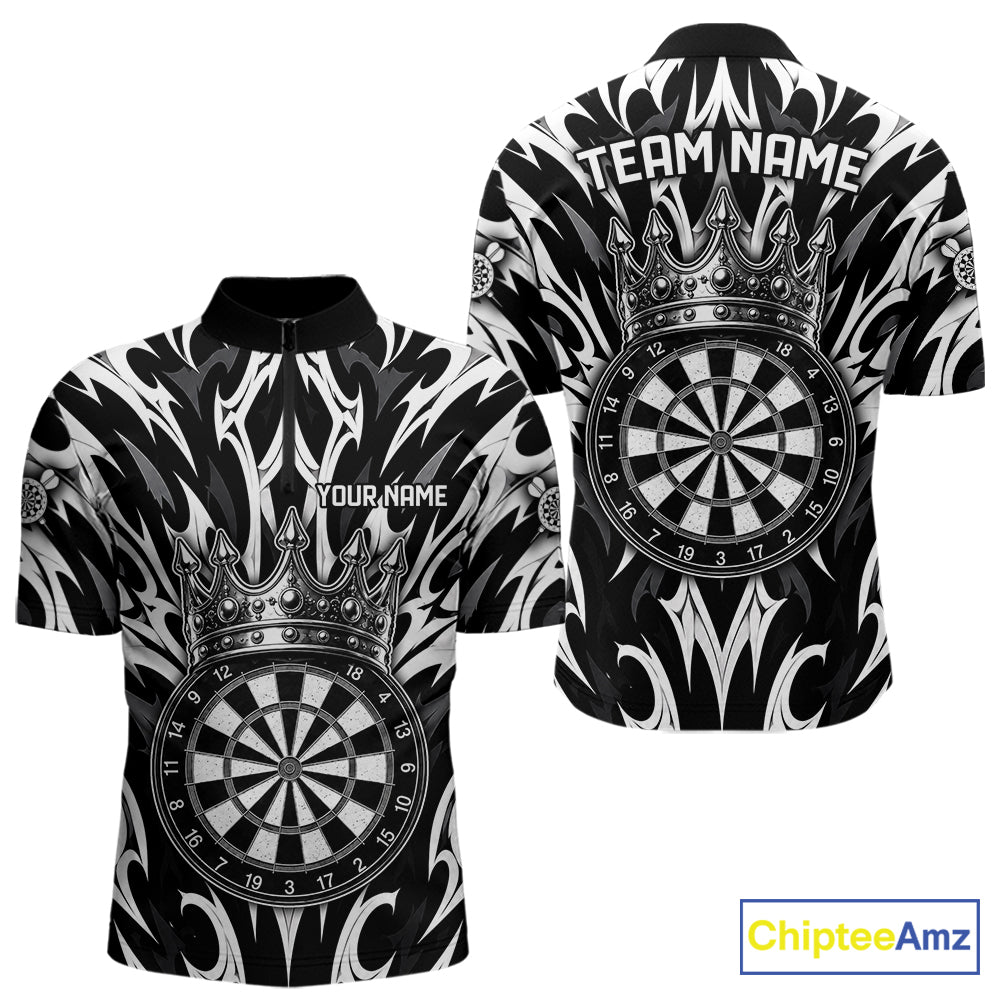 Black and White Tribal Crown Dartboard men's quarter zip dart shirt custom dart team jersey, tournament apparel