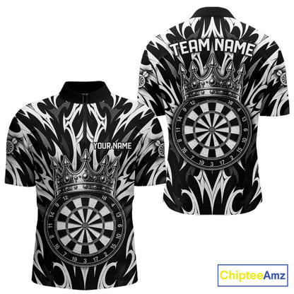 Black and White Tribal Crown Dartboard men's quarter zip dart shirt custom dart team jersey, tournament apparel